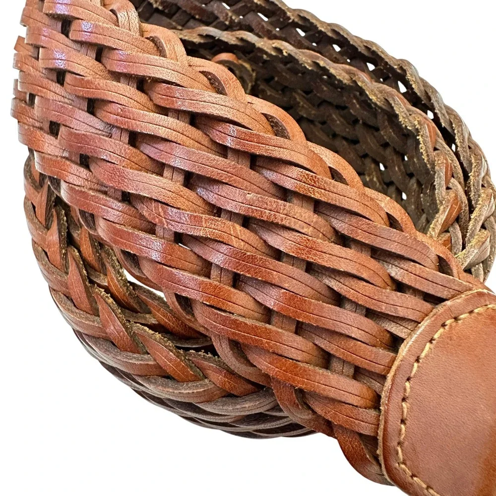 Lands' End Brown Braided Leather Belt Size 30 Woven Brass Buckle Casual
